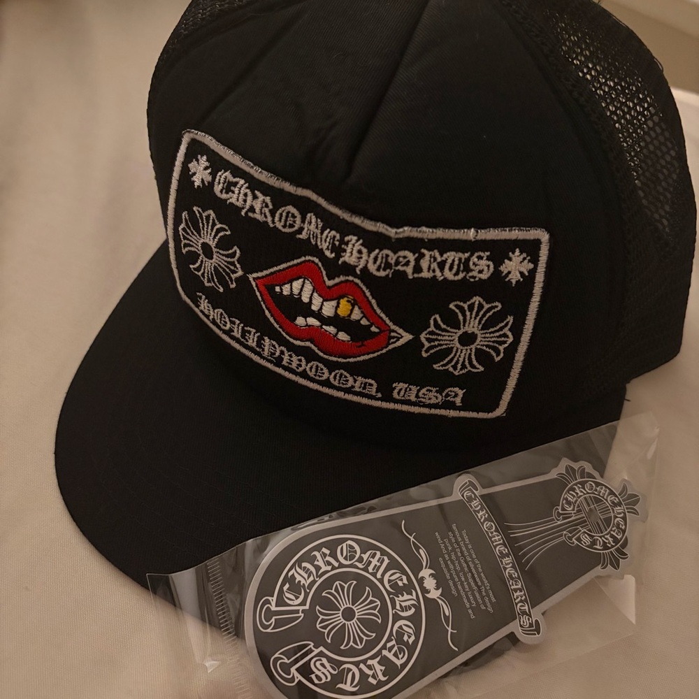 Chrome Hearts Black Trucker Hat with Red Lip Patch